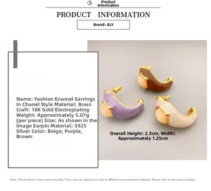 Detail showing irregular C-shape enamel earrings with 18K gold plating and 925 silver pins