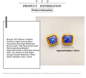Detailed view of square turquoise stud earrings with 18K gold plating and S925 silver pins