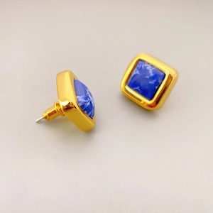Elegant gold square stud earrings inlaid with natural blue stone and 925 silver pins
