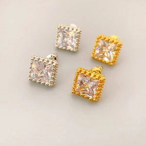 Square Zircon Stud Earrings Copper With 925 Sterling Silver Earring Post Vintage Milgrain Edge Jewelry For Women