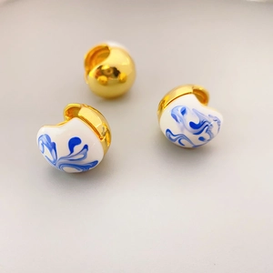 Elegant Blue White Porcelain Enamel Hoop Earrings Copper Gold Plated Marble Texture Vintage Jewelry For Women