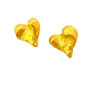 Textured gold heart stud earrings with vintage lava surface and 925 silver needle