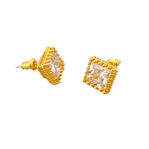 Square cut zircon stud earrings with gold plating and halo setting on white background