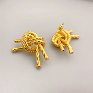 Elegant gold knot earrings with vintage weave texture and 925 silver needle for women