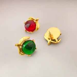 Apple Shape Stud Earrings Golden Leaf Copper Fruit Glass With 925 Sterling Silver Earring Post Fashion Jewelry For Women