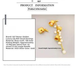 Detailed view of lily of the valley earrings with 18k gold plating and pearl tassels