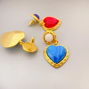 Vintage heart-shaped colorful glass drop earrings with gold metal trim for women