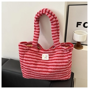 Sac fourre-tout en peluche à rayures roses et rouges avec étiquette fon fon porty