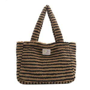 Striped plush tote bag with brown and black fleece fabric and front logo patch