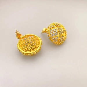 Vintage hollowed dome gold earrings with white crystals and circular mesh pattern