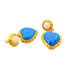Vintage heart-shaped drop earrings with blue agate style stones and golden textured settings