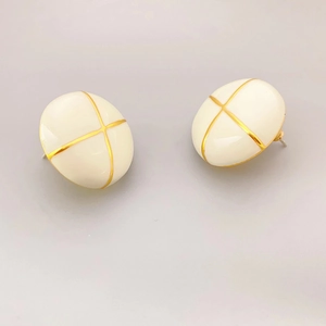 Chic oval enamel button earrings with gold cross pattern and silver needles for women