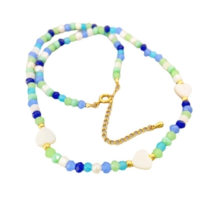 Colorful beaded necklace with heart-shaped shells and pearls in vibrant candy colors