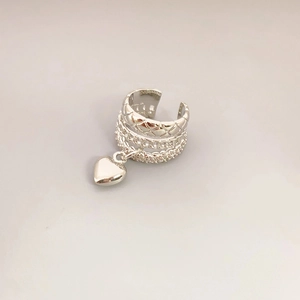 Three-layer silver tone ear cuff with quilted pattern, chain link, and zircon heart charm