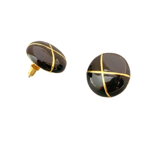 French vintage button earrings with brown enamel and golden cross detail for women