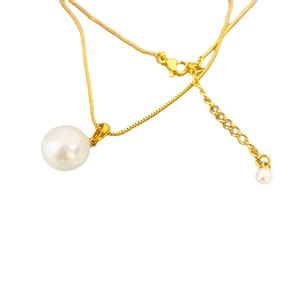 Elegant gold box chain necklace with a 10mm white pearl pendant on white background
