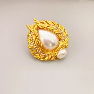 French vintage gold earrings with cicada wheat motif, pearls and sparkling crystals