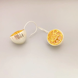 Hollow Hemispherical Drop Earrings French Vintage Geometric Two Tone Gold Plated Brass Ear Hooks For Women High End