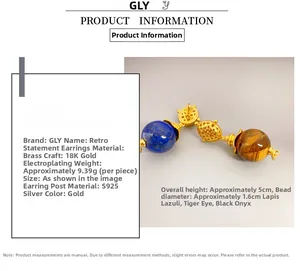 Detailed close-up of vintage long earrings with lapis lazuli and tiger eye stone beads