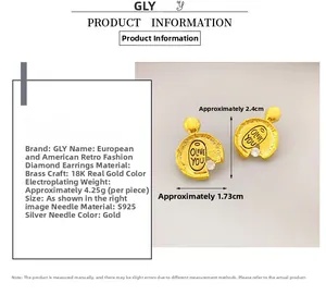 Detailed size view of retro coin stud earrings with Olive You engraving and zircon