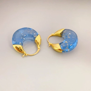 Blue Resin Hoop Earrings With Gold Foil 18K Gold Plated Brass Retro Fashion Minimalist For Women
