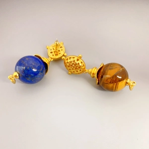Vintage 925 silver needle drop earrings with lapis lazuli and tiger eye stone beads