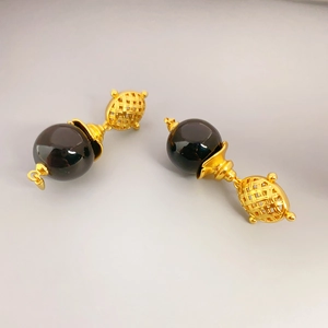 Vintage French Hollow Woven Ball Drop Earrings For Women Brass With Natural Gemstone 925 Sterling Silver Earring Post