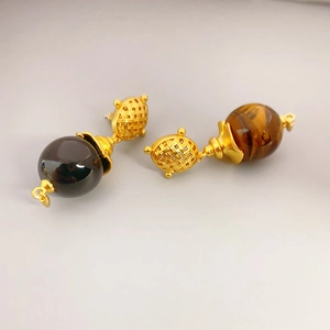 French vintage 925 silver needle drop earrings with golden woven spheres and tiger eye stone