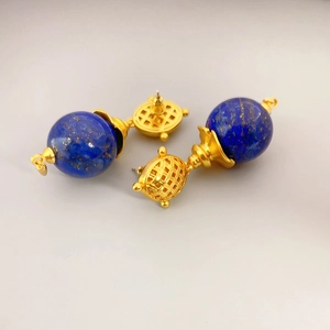 Vintage French style 925 silver needle drop earrings with blue lapis stones and gold weave