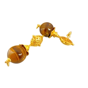 French vintage 925 silver needle drop earrings with tiger eye beads and gold woven metal