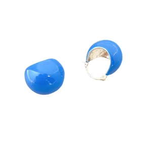 Minimalist bright blue enamel hemisphere earrings with silver-toned hooks on white background