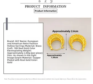 Detailed dimensions and product info for hollow gold-plated retro brass earrings