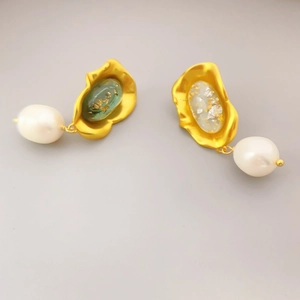 Orecchini Vintage Con Künstliche Perle Barocche E Perni In Argento Sterling 925 Intarsio Di Resina Gemma Rame Placcato Oro Per Donne