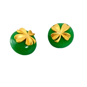 Green resin hemisphere stud earrings with gold clover inlay and 925 silver needles