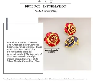 Detailed specs of enamel camellia earrings with S925 silver pins and 18K gold plating