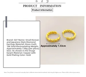 Detailed view of gold-plated hoop earrings with white zircon inlays and sizing data