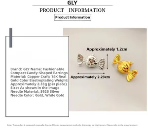 Macro detail of candy-shaped earrings showing dimensions and 18K gold-plated S925 silver pins