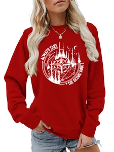 Detail of red crewneck sweatshirt featuring white outdoor scenic route chest print