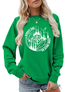 Detail of green crewneck sweatshirt with white scenic route compass graphic print