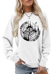 Detail of white cotton sweatshirt featuring outdoor compass and mountain graphic print