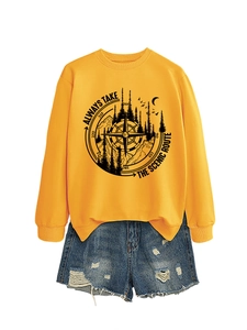 Detail of outdoor mountain compass graphic on casual sweatshirt with blue denim shorts