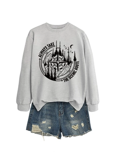 Detailed view of women's gray sweatshirt with Always Take The Scenic Route graphic print