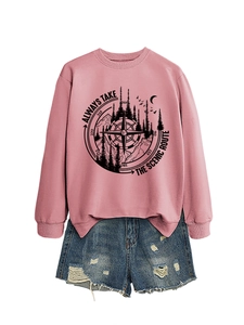 Detail of pink long sleeve sweatshirt with scenic route mountain print and denim shorts