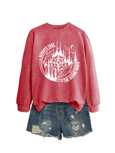 Detail of compass mountain print and ALWAYS TAKE THE SCENIC ROUTE slogan on red sweatshirt