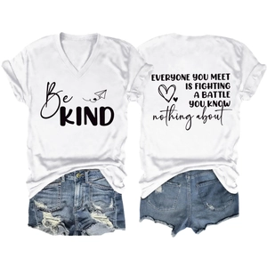 Detailed back view of white V-neck T-shirt featuring inspirational quote and heart print