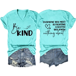Front and back view of mint green V-neck T-shirt with distressed denim shorts