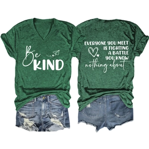 Front and back detail of V-neck T-shirt with 'Be KIND' and motivational quote print
