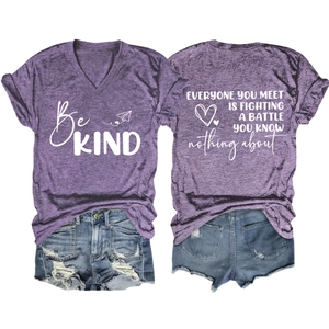 Front and back view of purple V-neck T-shirt with 'Be KIND' print and distressed denim shorts