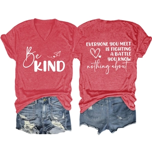 Red V-neck T-shirt detail showing inspirational quotes Be Kind and Everyone you meet text