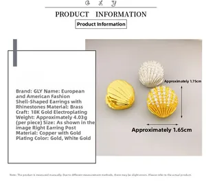Detail view of shell-shaped earrings with dimensions and 18K gold plated finish